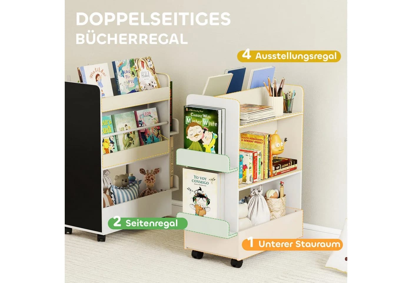 AIYAPLAY Kinderregal doppelseitig 4 Regale Bücher Tafel Rollen - Bild 4