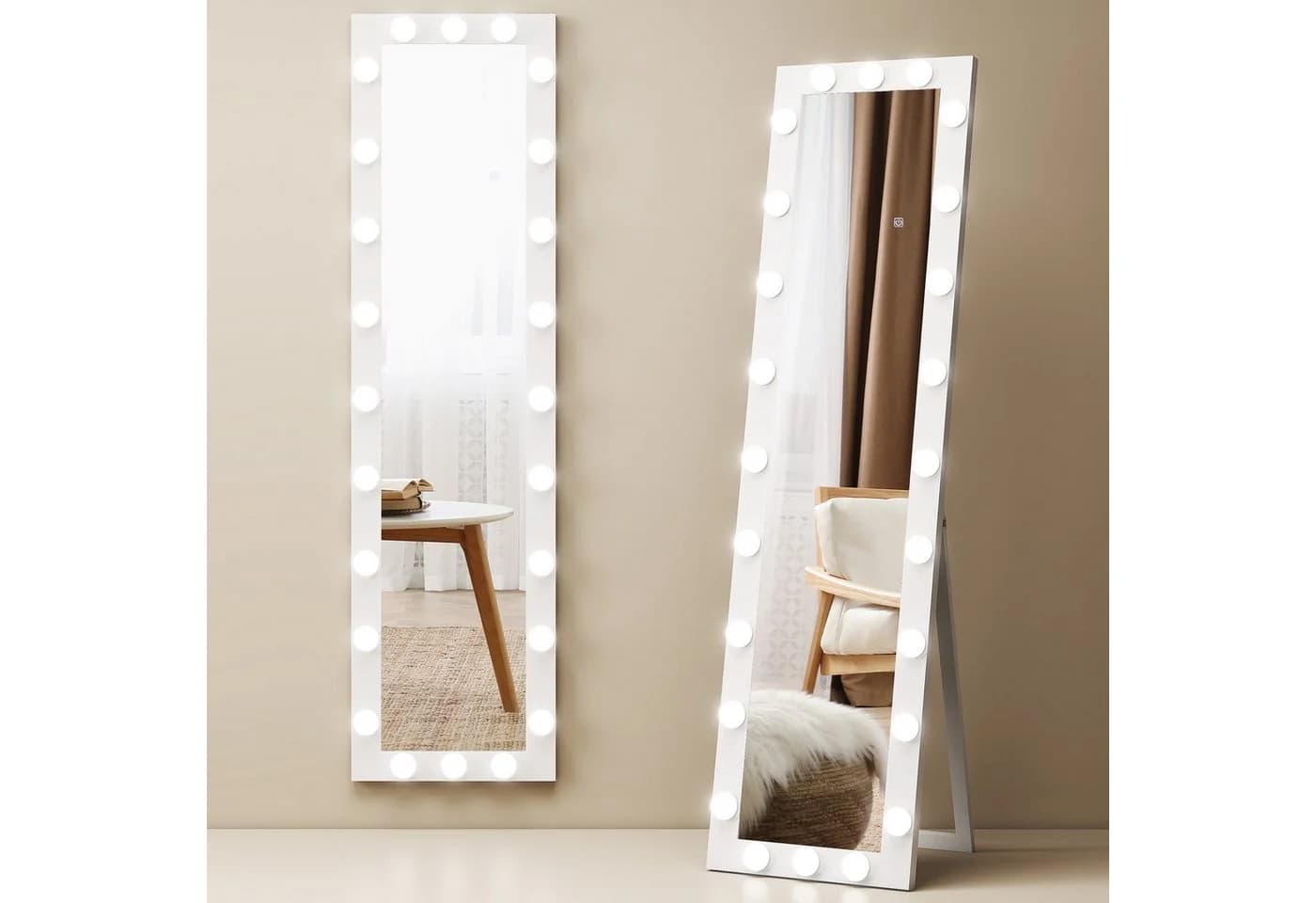 HOMCOM Standspiegel mit 24 Glühbirnen, 3 Lichtfarben, Touch-Schalter, Memory-Funktion, Weiß