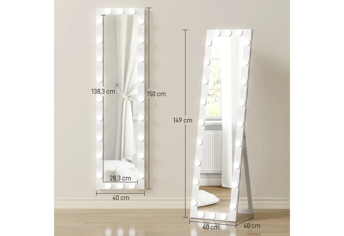 HOMCOM Standspiegel mit 24 Glühbirnen, 3 Lichtfarben, Touch-Schalter, Memory-Funktion, Weiß - Bild 3