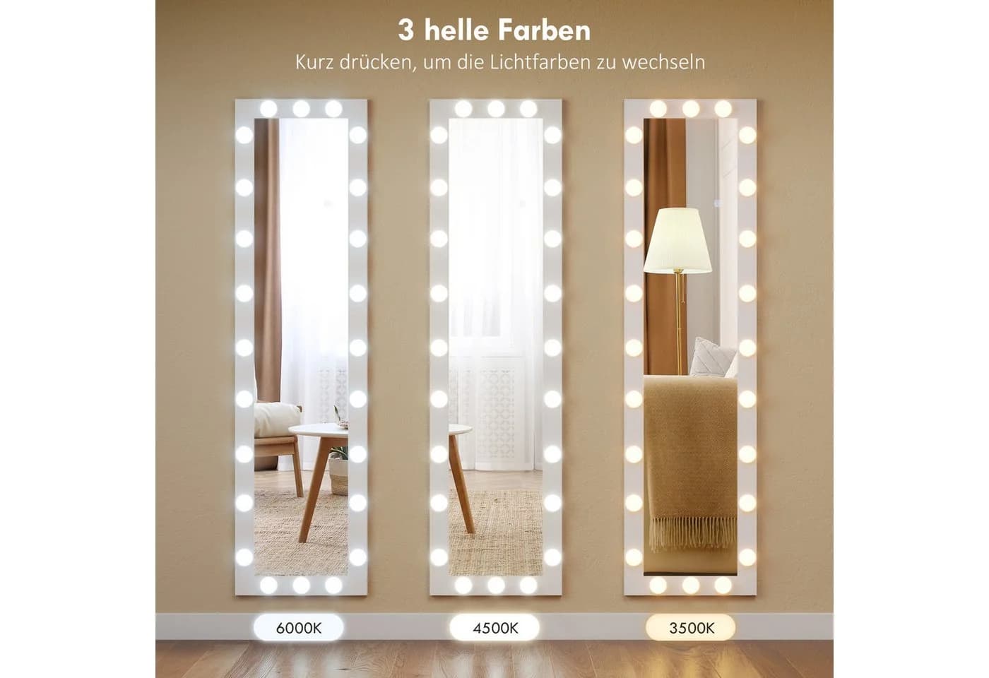 HOMCOM Standspiegel mit 24 Glühbirnen, 3 Lichtfarben, Touch-Schalter, Memory-Funktion, Weiß - Bild 4