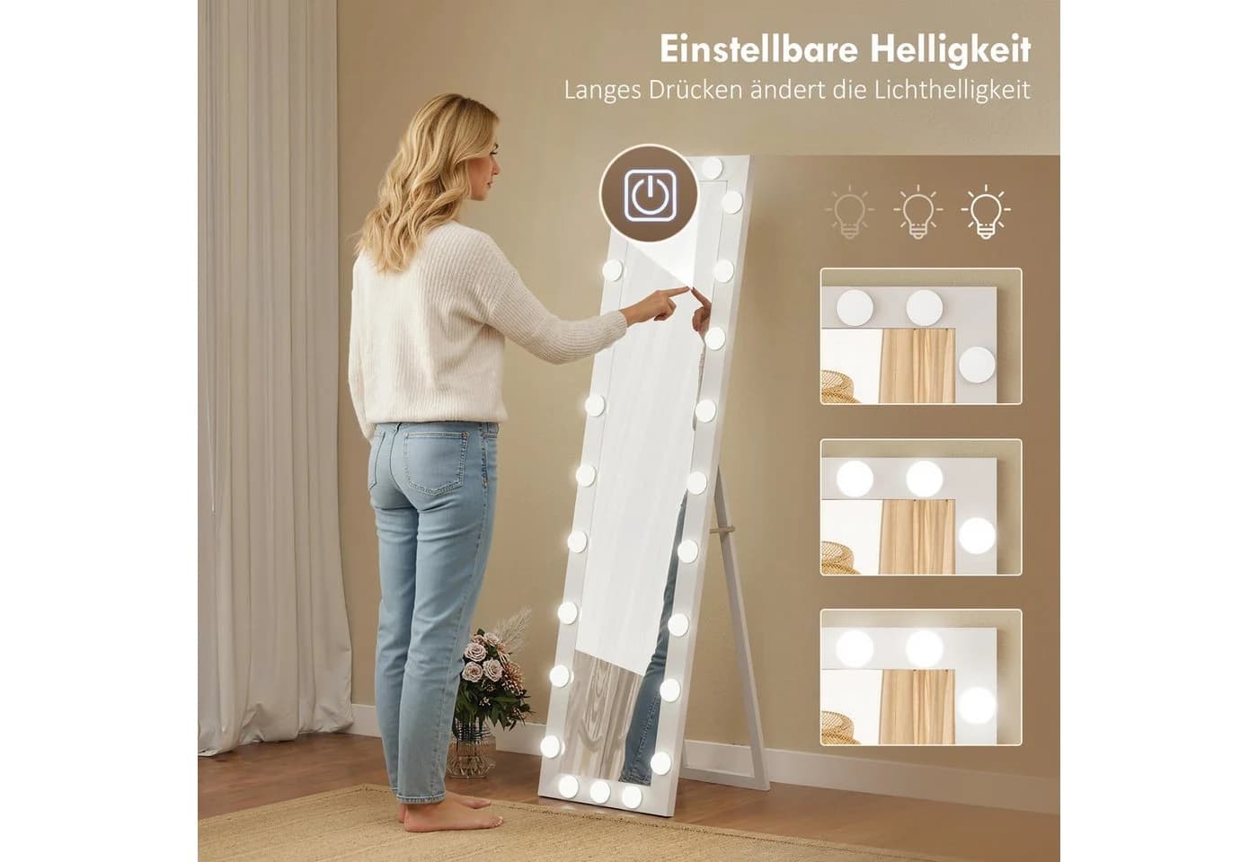 HOMCOM Standspiegel mit 24 Glühbirnen, 3 Lichtfarben, Touch-Schalter, Memory-Funktion, Weiß - Bild 5