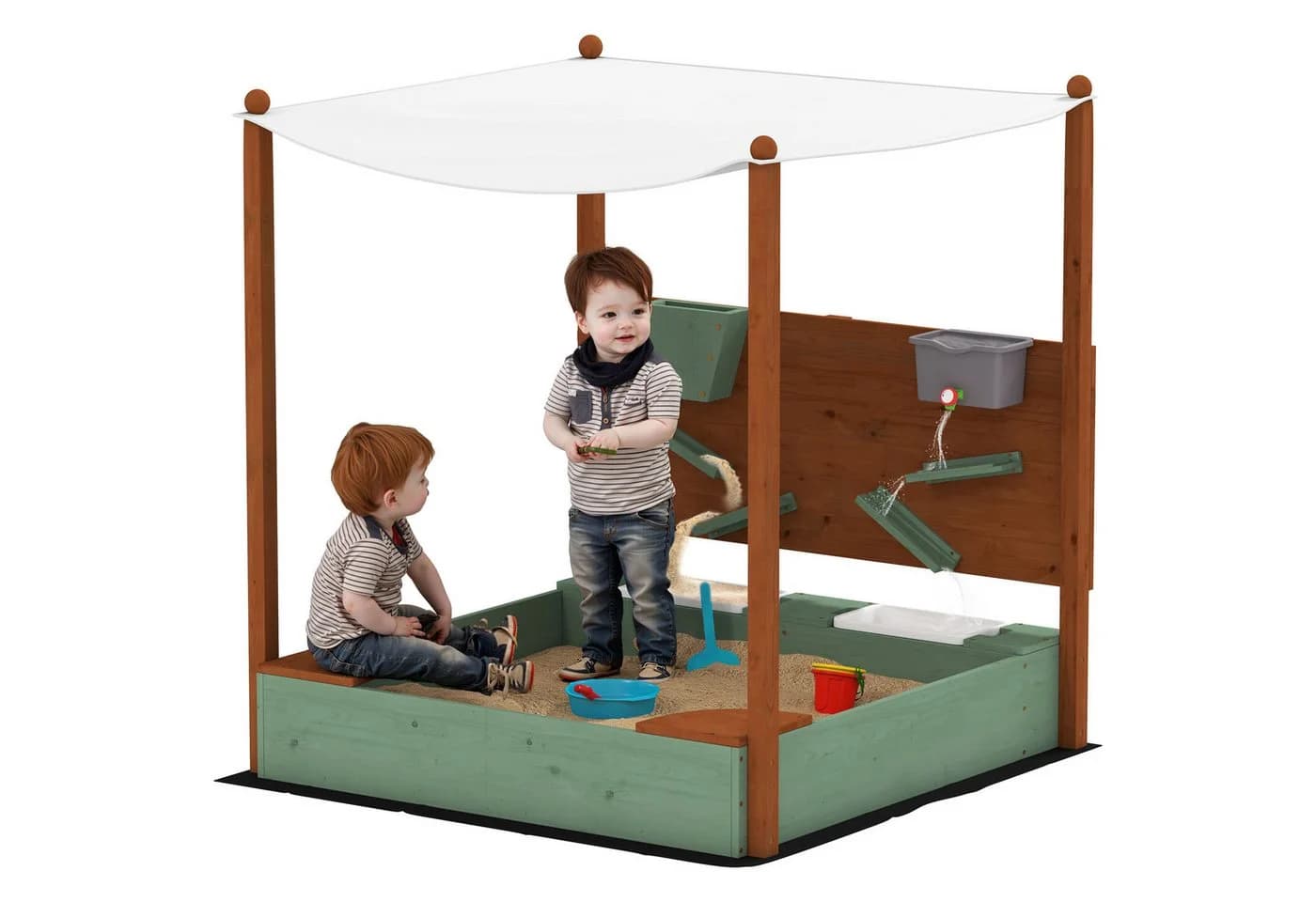 AIYAPLAY Sandkasten mit Sitzfläche, 2 Behältern, Sand- und Wasserspielzeug, Eimer, für 3-6 Jahre Kinder Grün - Bild 1
