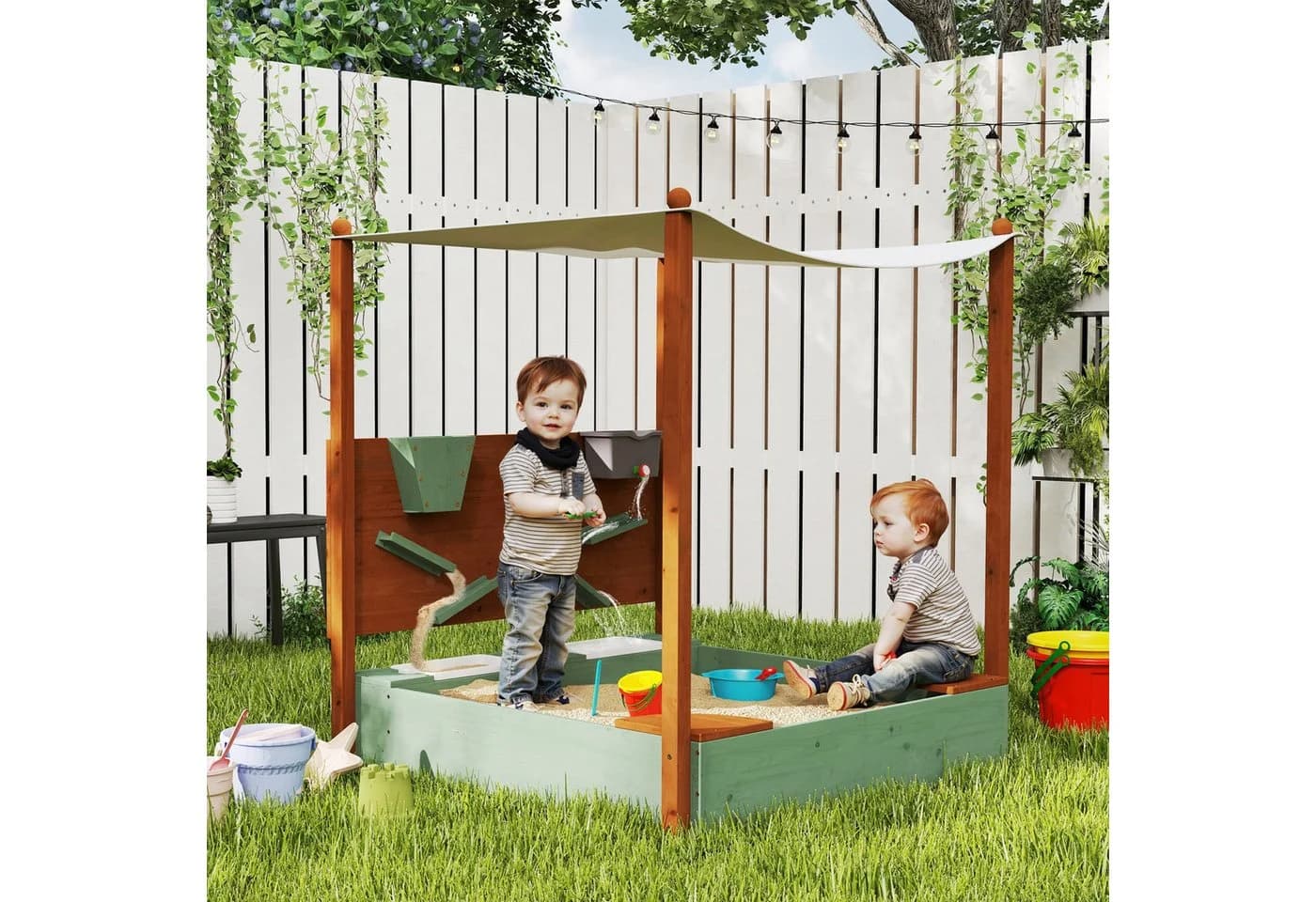 AIYAPLAY Sandkasten mit Sitzfläche, 2 Behältern, Sand- und Wasserspielzeug, Eimer, für 3-6 Jahre Kinder Grün - Bild 2