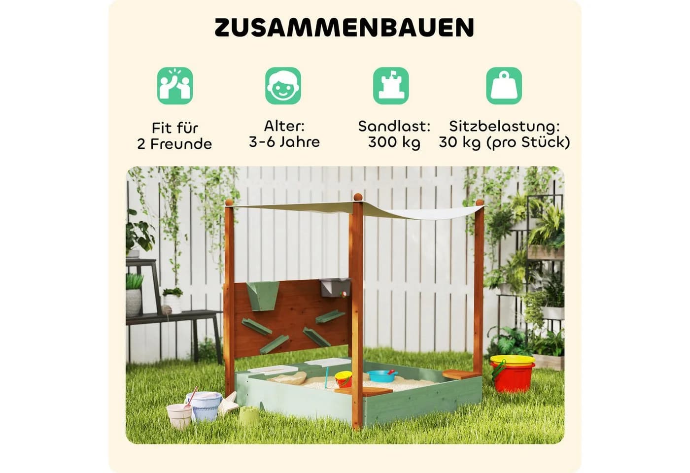 AIYAPLAY Sandkasten mit Sitzfläche, 2 Behältern, Sand- und Wasserspielzeug, Eimer, für 3-6 Jahre Kinder Grün - Bild 5