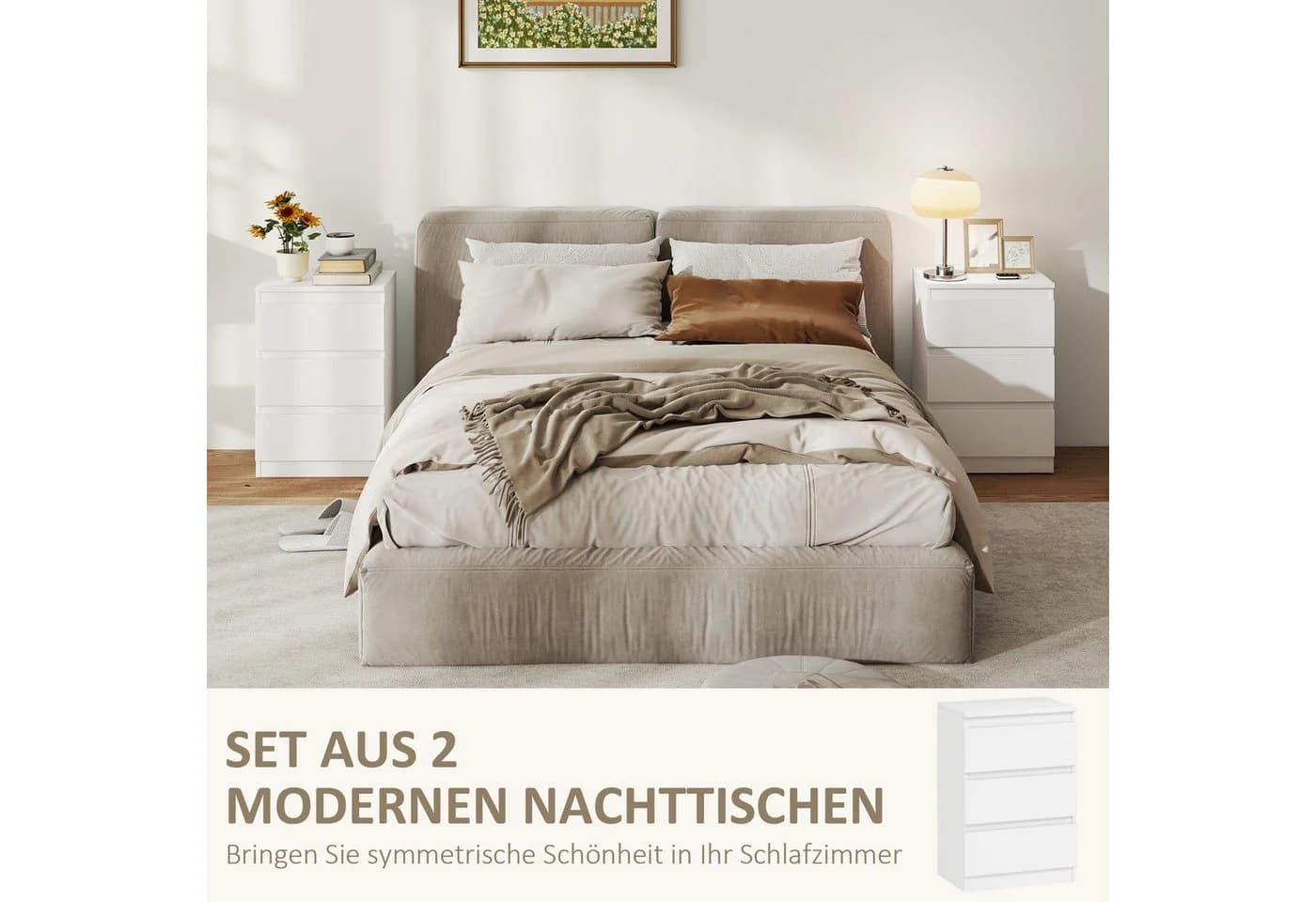 HOMCOM Nachttisch Set 2-tlg. Weiß Griffloses Design 3 Schubladen - Bild 4
