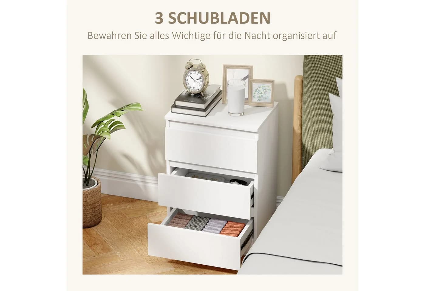 HOMCOM Nachttisch Set 2-tlg. Weiß Griffloses Design 3 Schubladen - Bild 5