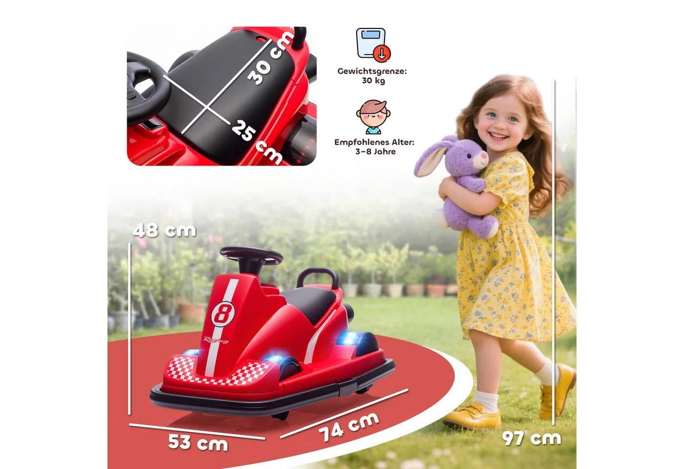 AIYAPLAY Elektro-Kinderauto mit zwei Motoren für 360° Drehung, Belastbarkeit 30 kg, Musikfunktion, Rot - Bild 3