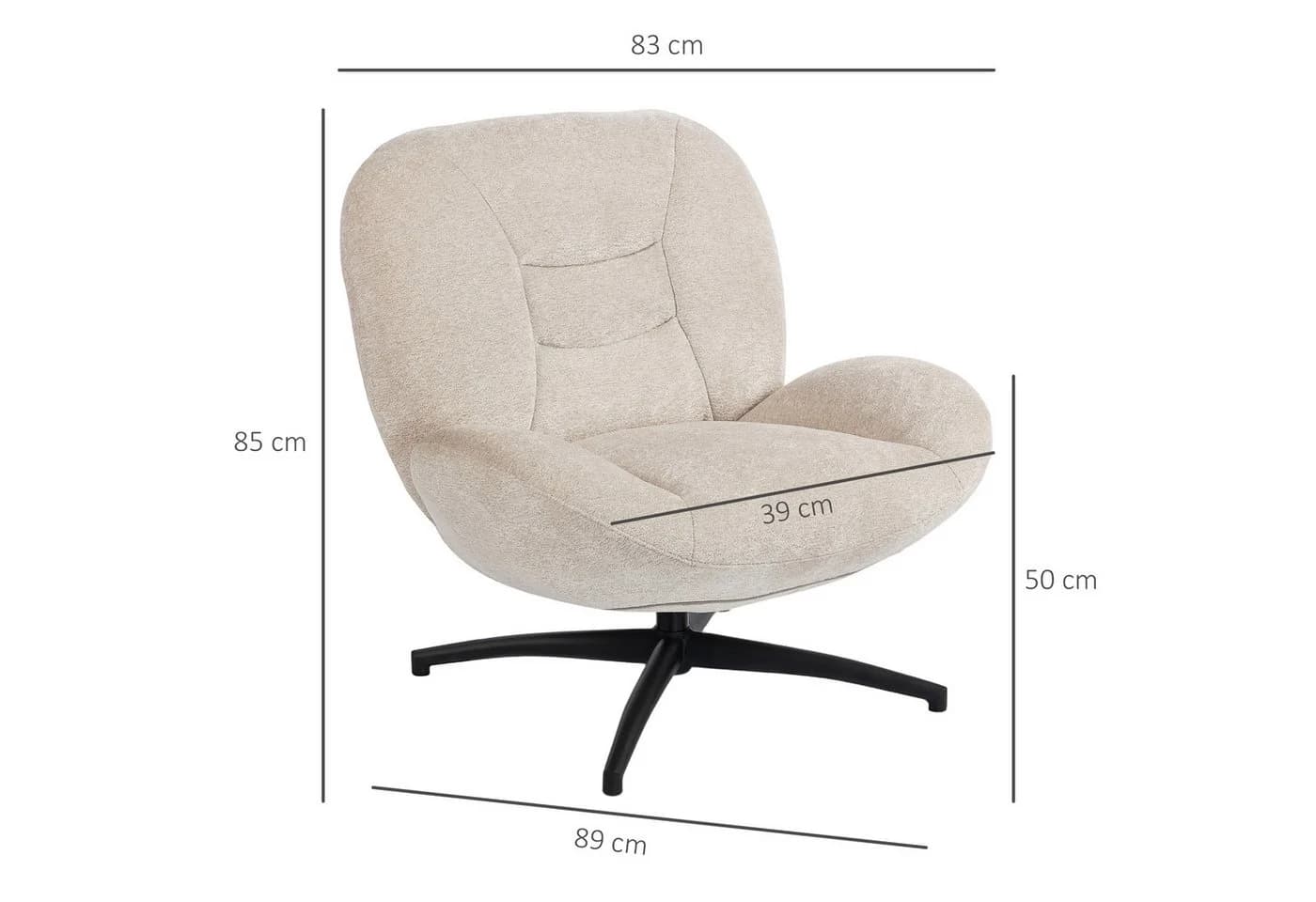 HOMCOM Relaxsessel mit Breiter Sitzfläche, Integrierter Armlehne, dicker Polsterung, 360° Drehbar, Cremeweiß - Bild 3