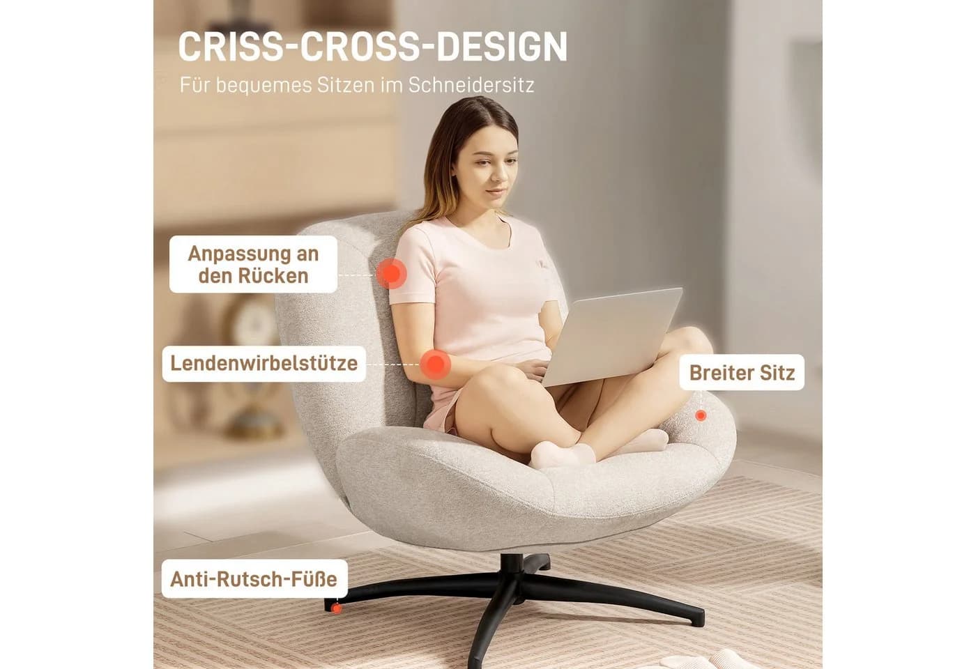 HOMCOM Relaxsessel mit Breiter Sitzfläche, Integrierter Armlehne, dicker Polsterung, 360° Drehbar, Cremeweiß - Bild 4