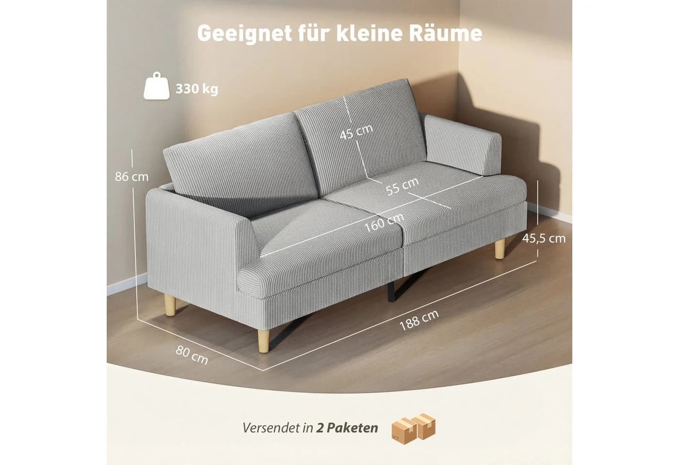 HOMCOM 3-Sitzer Sofa Hellgrau Cordstoff mit abnehmbarem Bezug - Bild 3