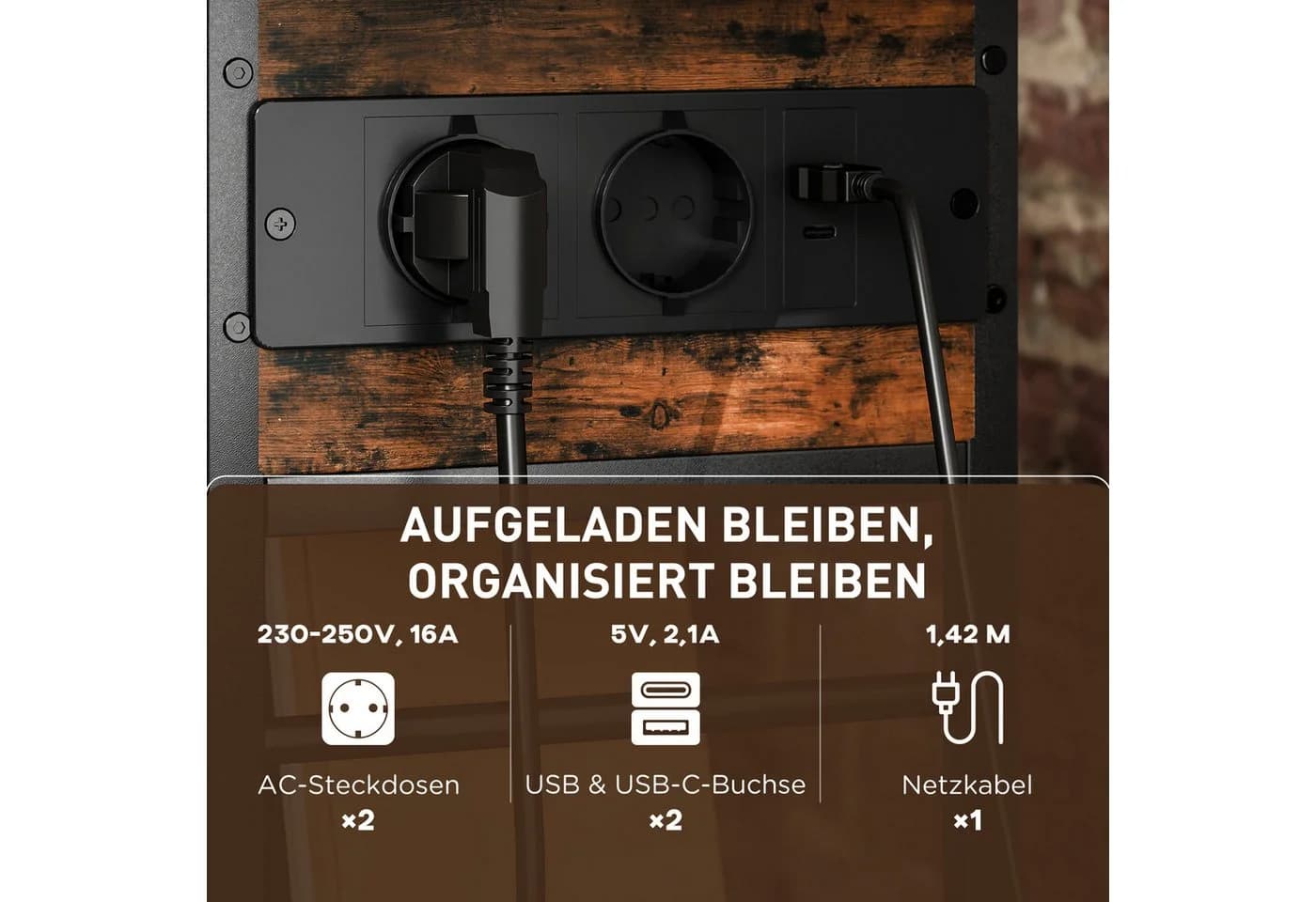 HOMCOM Beistelltisch mit Steckdosenleiste, USB-Anschlüssen, Stauraum - Bild 4