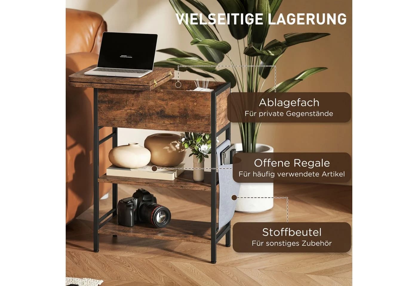 HOMCOM Beistelltisch mit Steckdosenleiste, USB-Anschlüssen, Stauraum - Bild 5