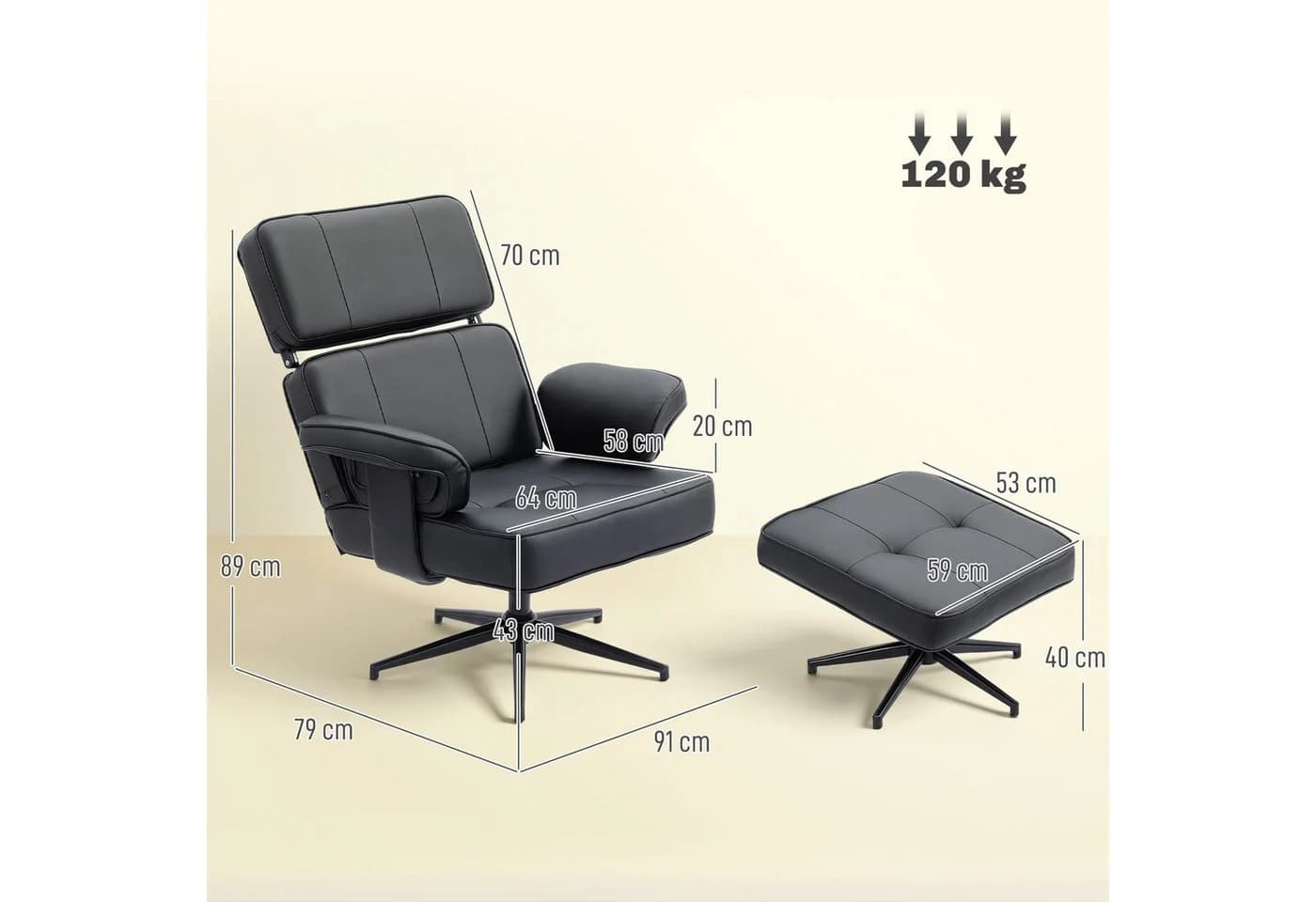 HOMCOM Relaxsessel mit Fußhocker, Kunstleder-Bezug, höhenverstellbare Kopfstütze, Schwarz - Bild 3