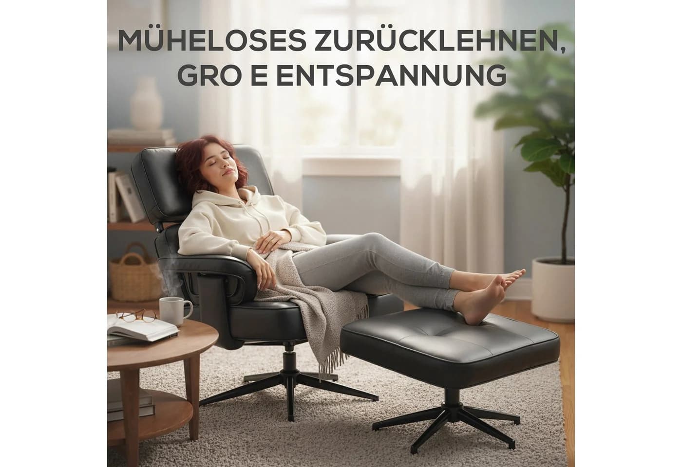 HOMCOM Relaxsessel mit Fußhocker, Kunstleder-Bezug, höhenverstellbare Kopfstütze, Schwarz - Bild 4
