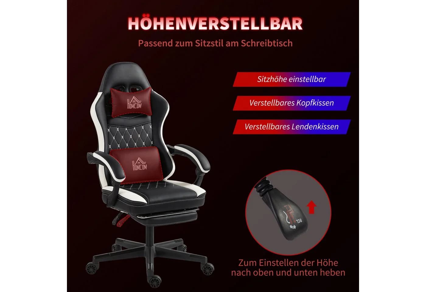 HOMCOM Gaming-Stuhl mit Fußstütze Schwarz Drehbar Höhenverstellbar - Bild 4