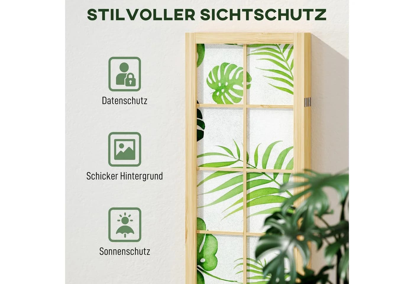 HOMCOM Raumteiler Kiefernholz Palmenblatt-Design 4-teilig - Bild 4
