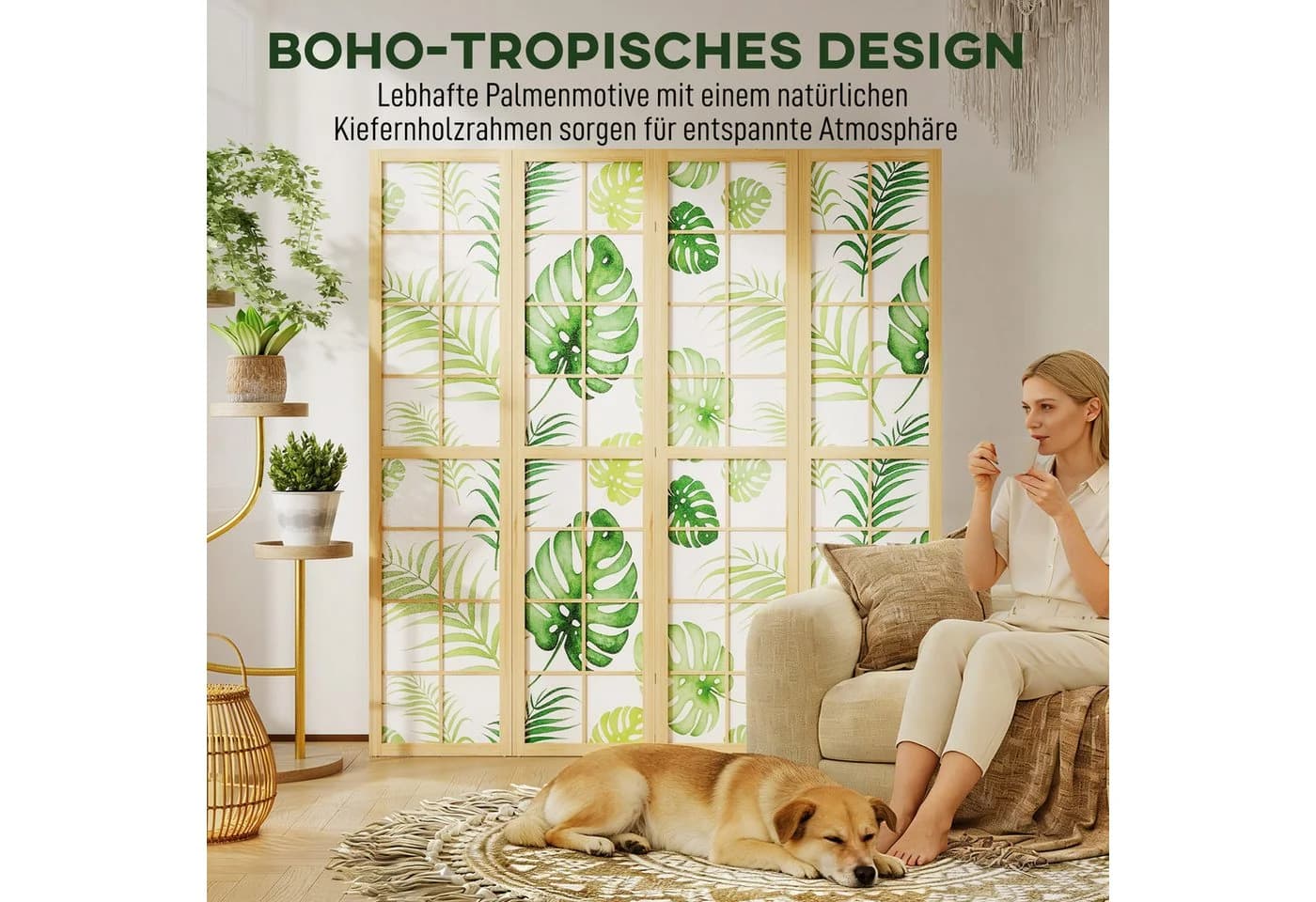 HOMCOM Raumteiler Kiefernholz Palmenblatt-Design 4-teilig - Bild 5