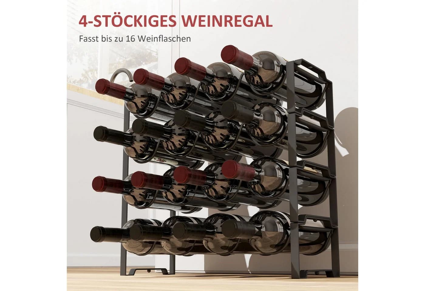 HOMCOM Weinregal für 16 Flaschen, Metall, Schwarz - Bild 4