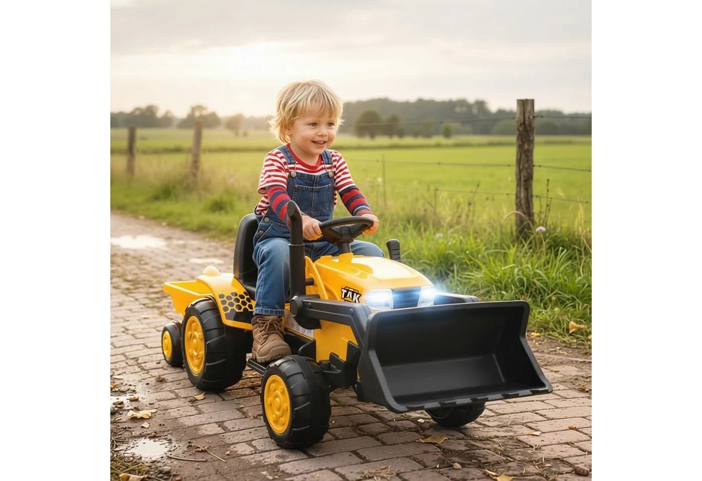 AIYAPLAY Elektro-Kindertraktor Spielzeugbagger mit Anhänger, Gelb, 12V