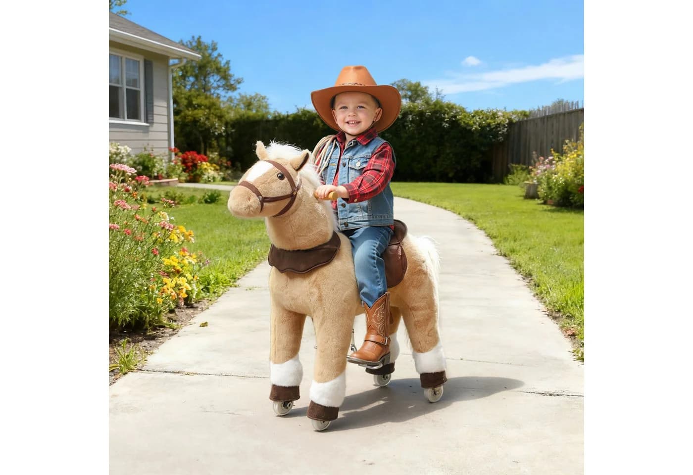 AIYAPLAY Reitpferd mit Sattel und Rollen für Kinder 3-5 Jahre Braun