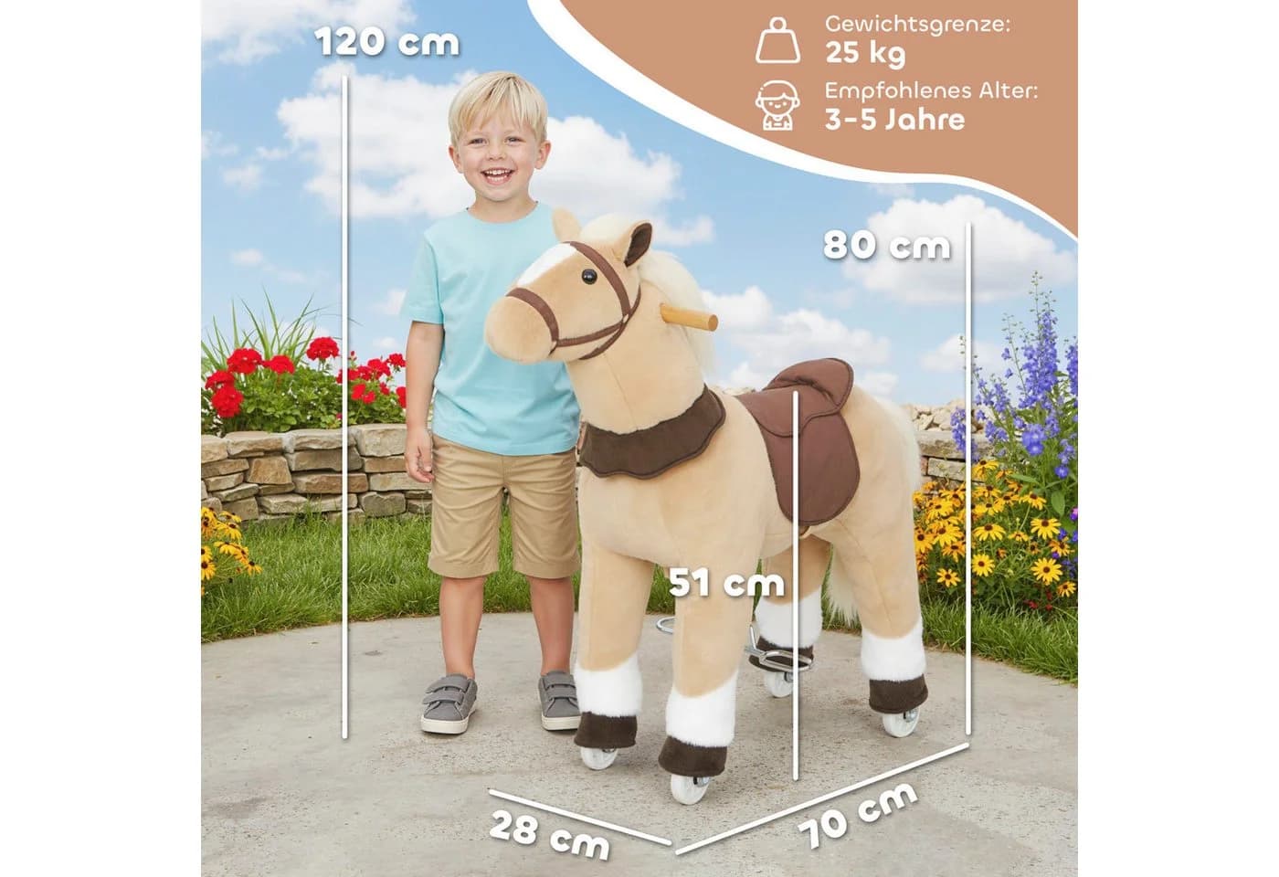 AIYAPLAY Reitpferd mit Sattel und Rollen für Kinder 3-5 Jahre Braun - Bild 3