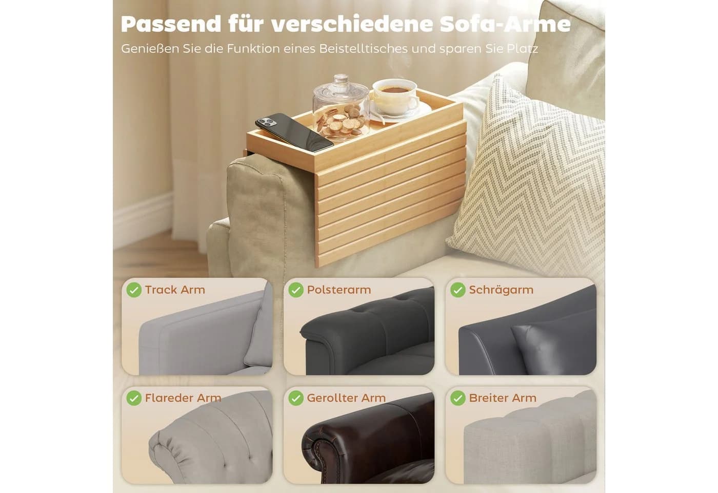 HOMCOM Sofatablett Klappbar Bambus Rutschfest mit Getränkehalter - Bild 4