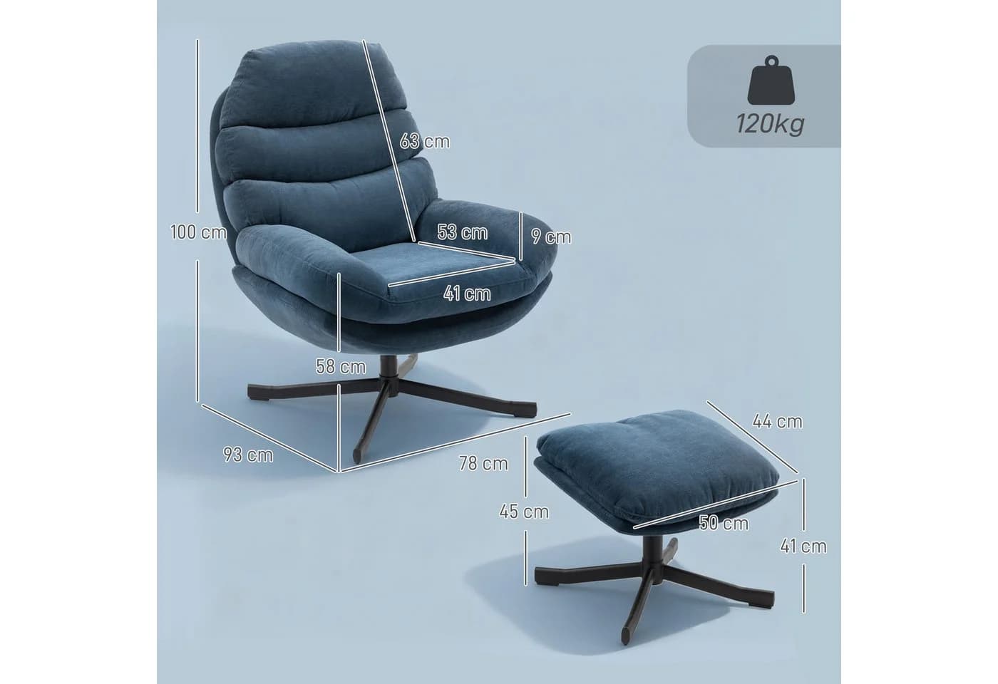 HOMCOM Relaxsessel mit Chenille-Stoff, Blau, 360-Grad-Drehmechanismus - Bild 3