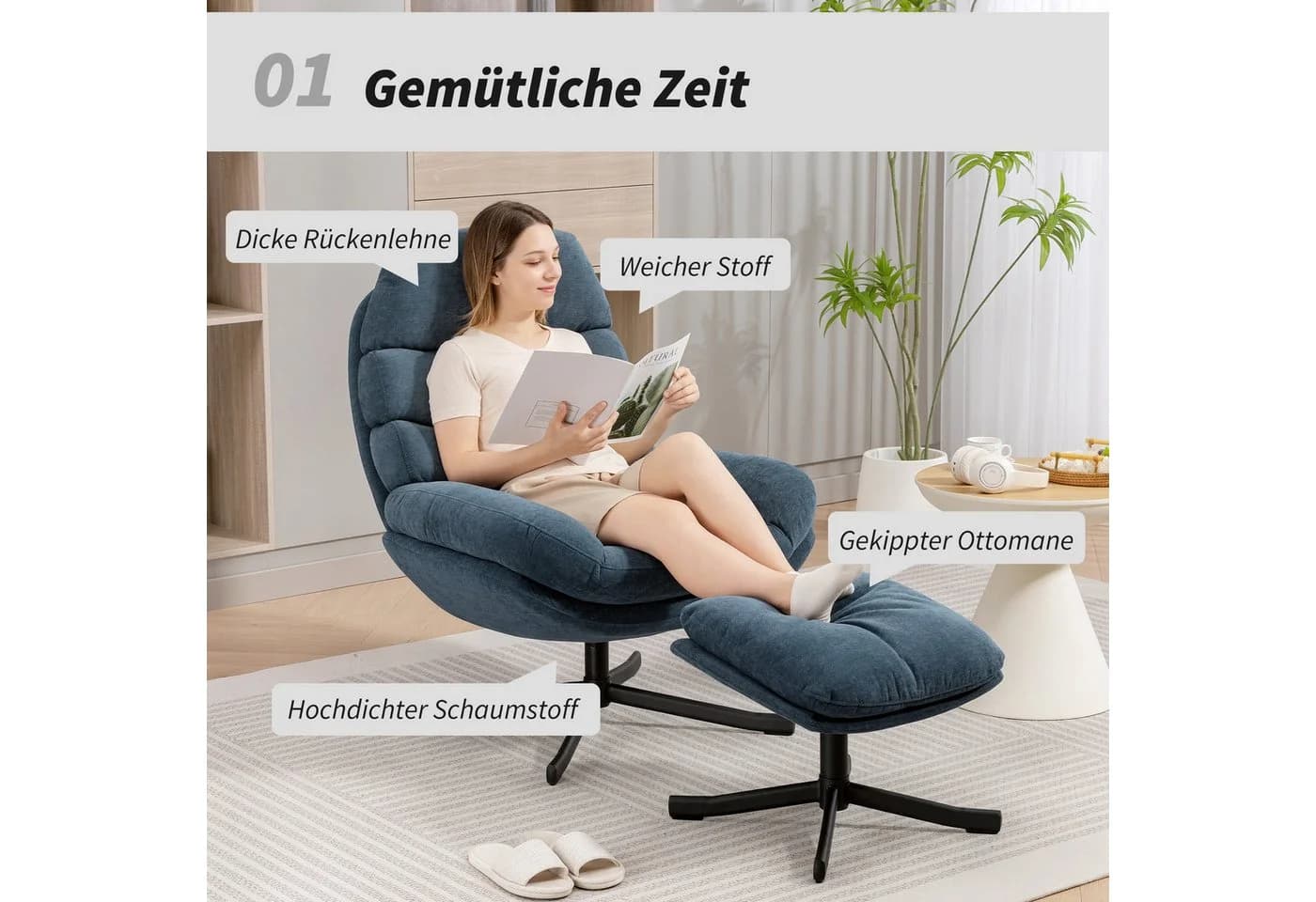 HOMCOM Relaxsessel mit Chenille-Stoff, Blau, 360-Grad-Drehmechanismus - Bild 4