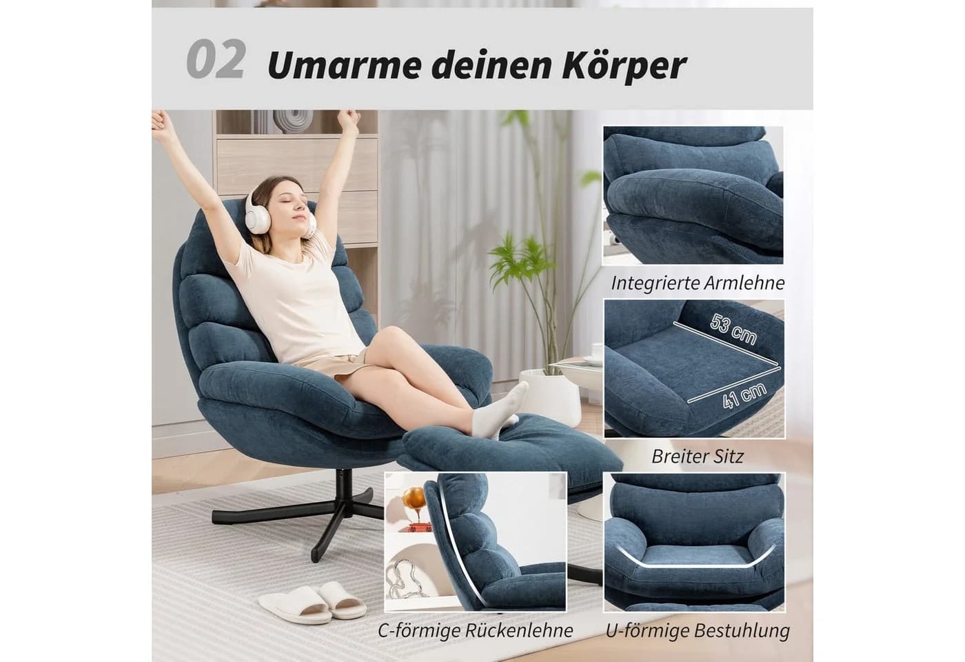 HOMCOM Relaxsessel mit Chenille-Stoff, Blau, 360-Grad-Drehmechanismus - Bild 5