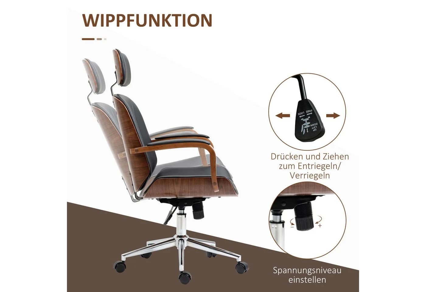 Vinsetto Bürostuhl Schwarz Kunstleder Höhenverstellbar mit Wippfunktion - Bild 5