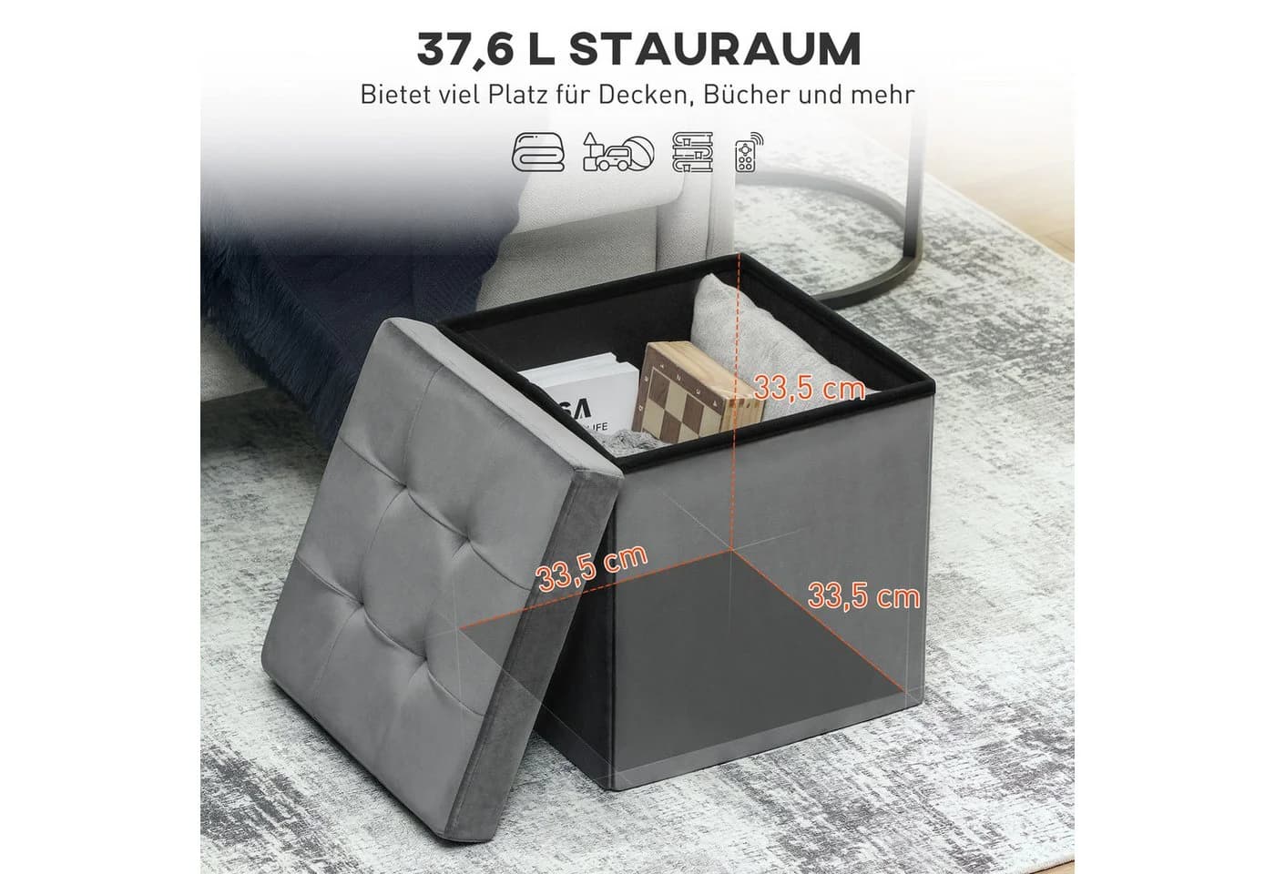 HOMCOM Sitzhocker mit Stauraum Klappbar Grau Samt - Bild 4