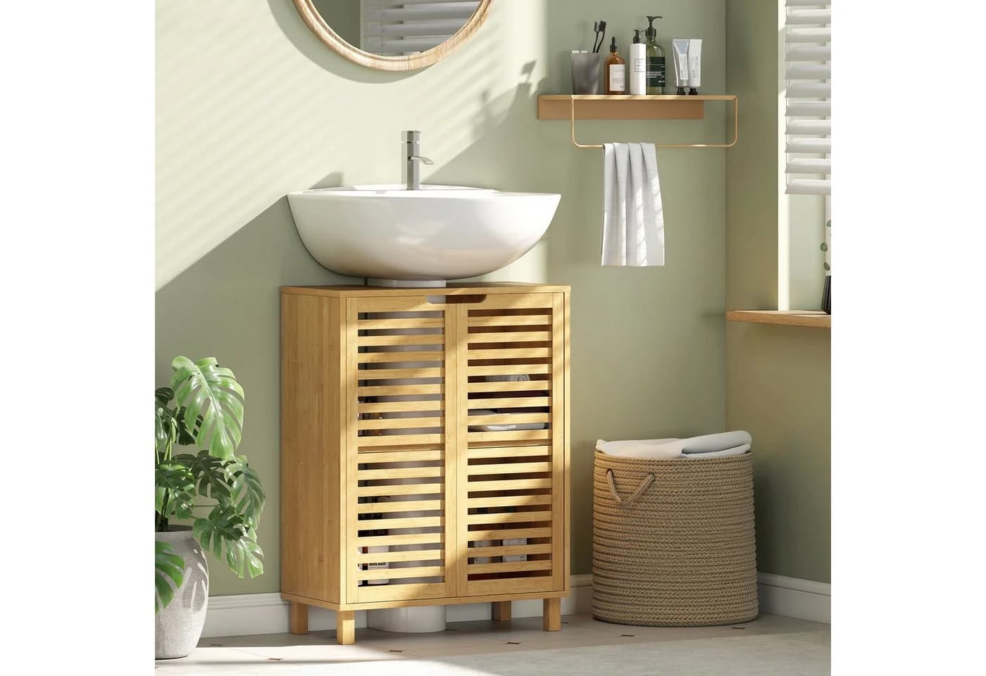 HOMCOM Waschbeckenunterschrank verstellbare Regale Bambus - Bild 2