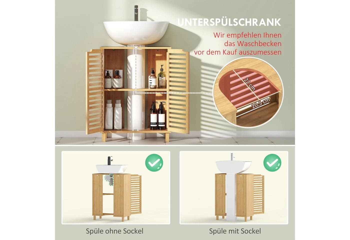 HOMCOM Waschbeckenunterschrank verstellbare Regale Bambus - Bild 4