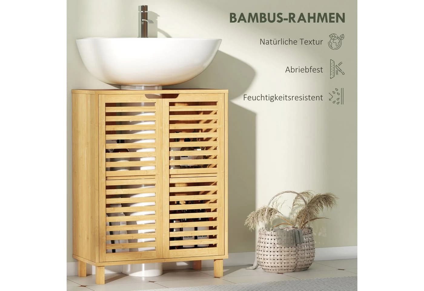 HOMCOM Waschbeckenunterschrank verstellbare Regale Bambus - Bild 5