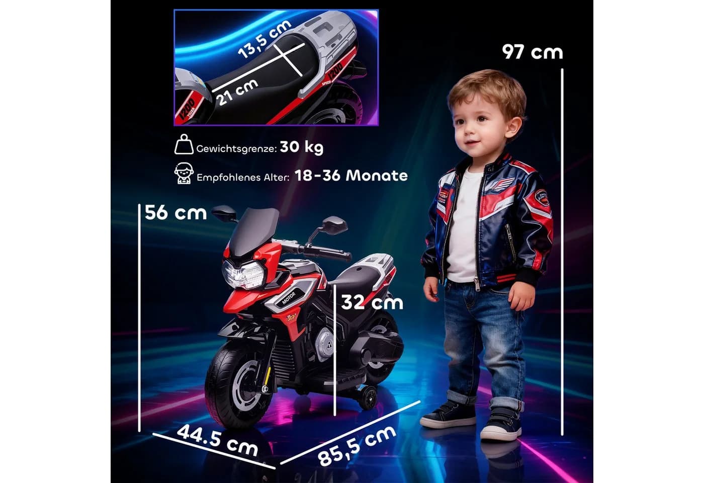 AIYAPLAY Elektro-Kindermotorrad Aufsitz-Fahrzeug, Stützräder, Lichter, Musik, Belastbarkeit 30 kg, Rot - Bild 3