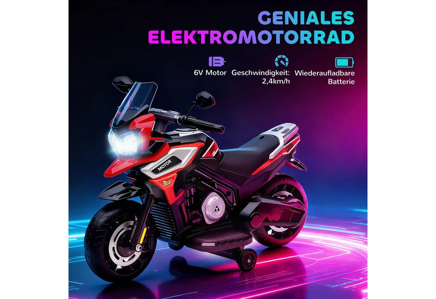 AIYAPLAY Elektro-Kindermotorrad Aufsitz-Fahrzeug, Stützräder, Lichter, Musik, Belastbarkeit 30 kg, Rot - Bild 4