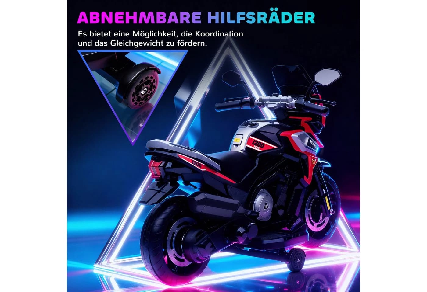 AIYAPLAY Elektro-Kindermotorrad Aufsitz-Fahrzeug, Stützräder, Lichter, Musik, Belastbarkeit 30 kg, Rot - Bild 5