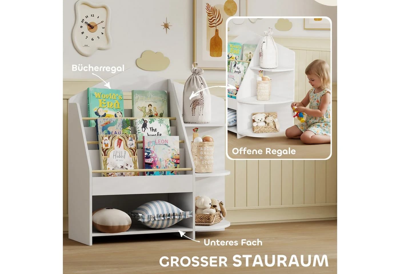 AIYAPLAY Kinderregal mit 7 Regalen, Bücherregal aus Holz, Weiß - Bild 4