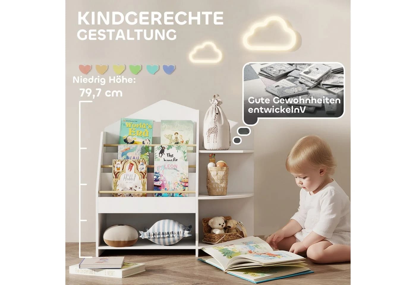 AIYAPLAY Kinderregal mit 7 Regalen, Bücherregal aus Holz, Weiß - Bild 5