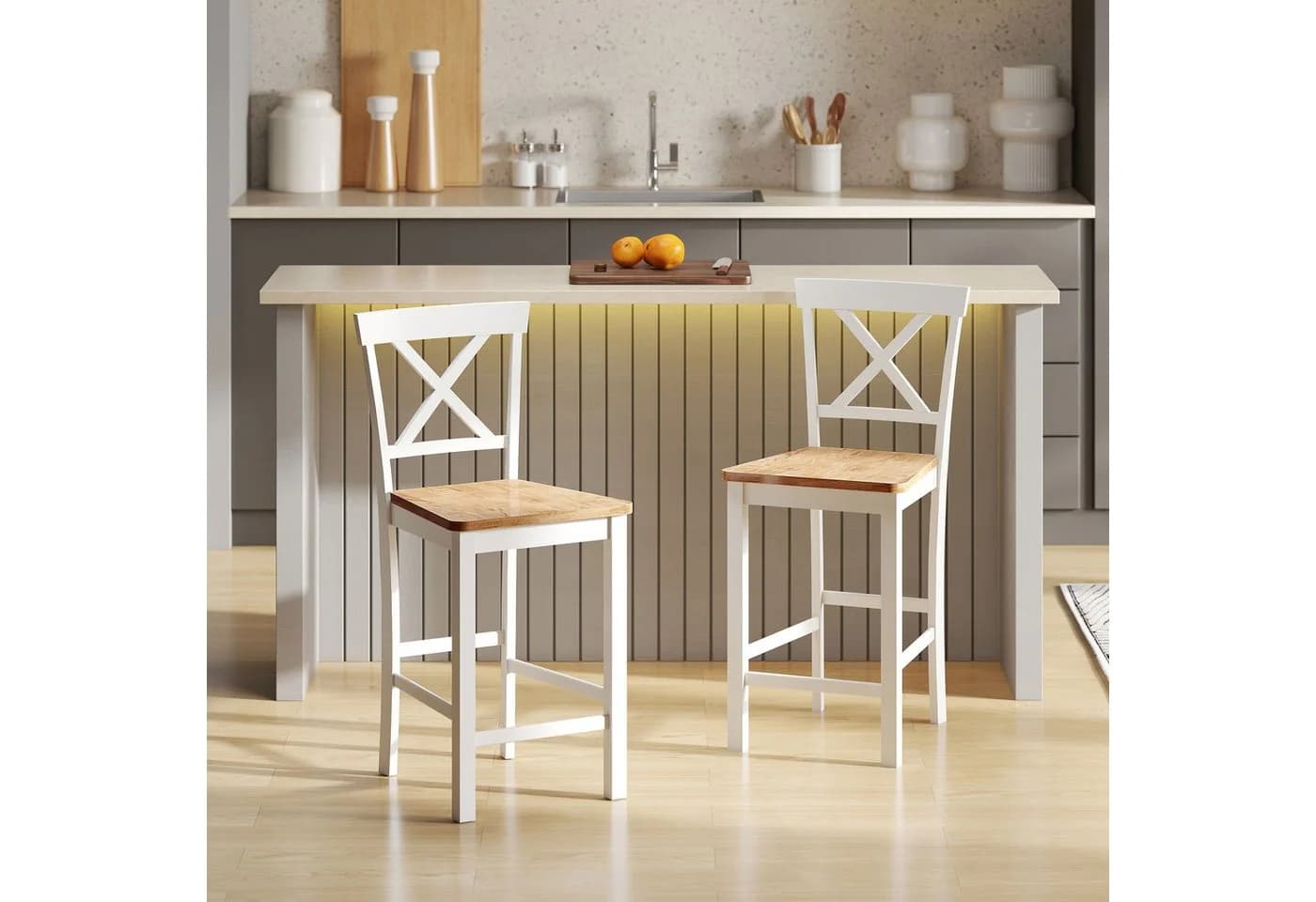 HOMCOM Barhocker 2er Set Eiche Weiß mit Rückenlehne - Bild 2