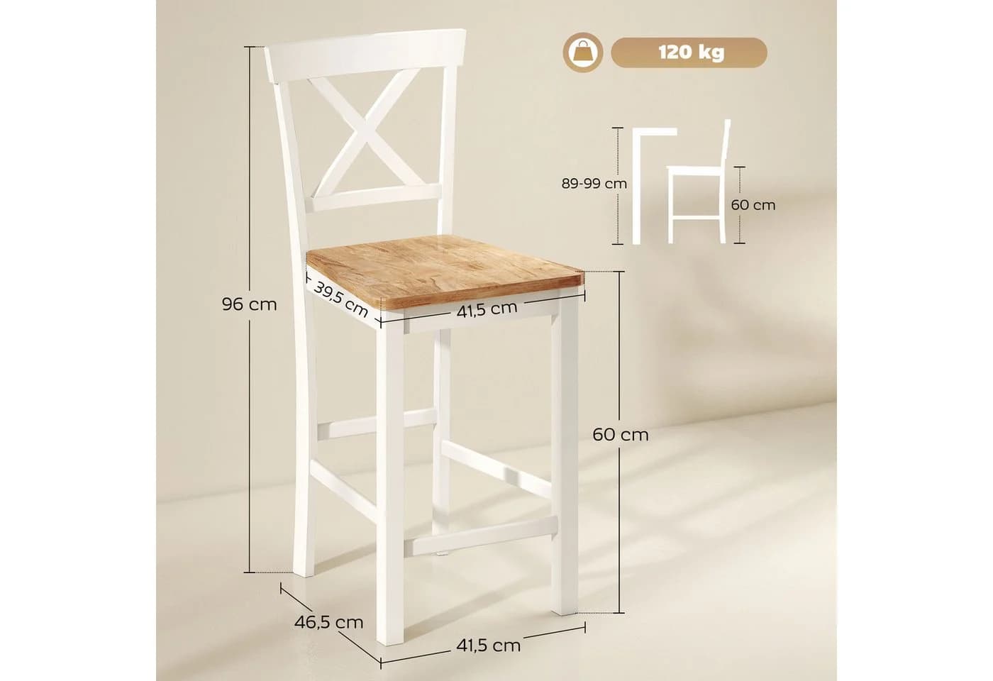HOMCOM Barhocker 2er Set Eiche Weiß mit Rückenlehne - Bild 3