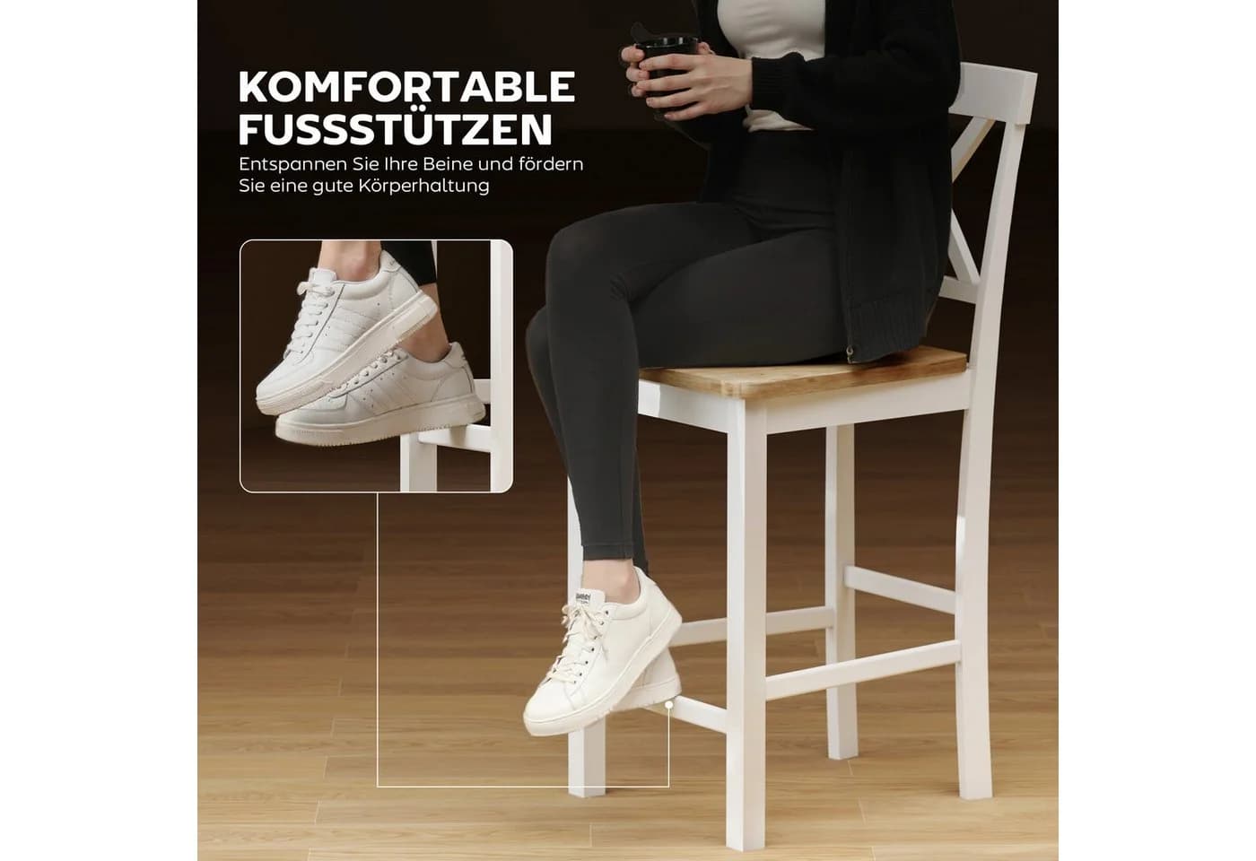HOMCOM Barhocker 2er Set Eiche Weiß mit Rückenlehne - Bild 4