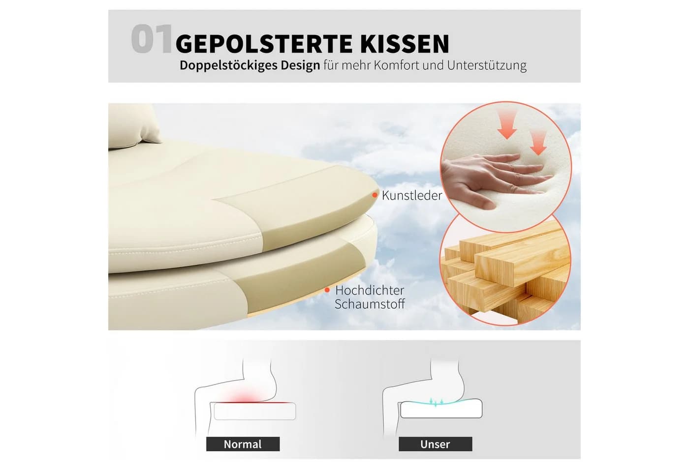 HOMCOM Bürostuhl Beige Kunstleder mit Rollen - Bild 4
