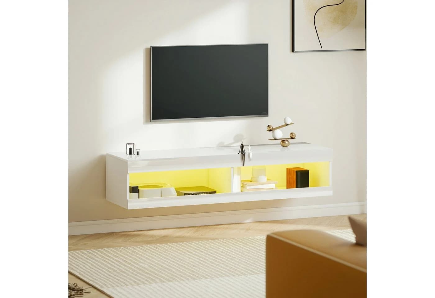 HOMCOM TV-Board Wandmontage RGB LED Weiß Hochglanz