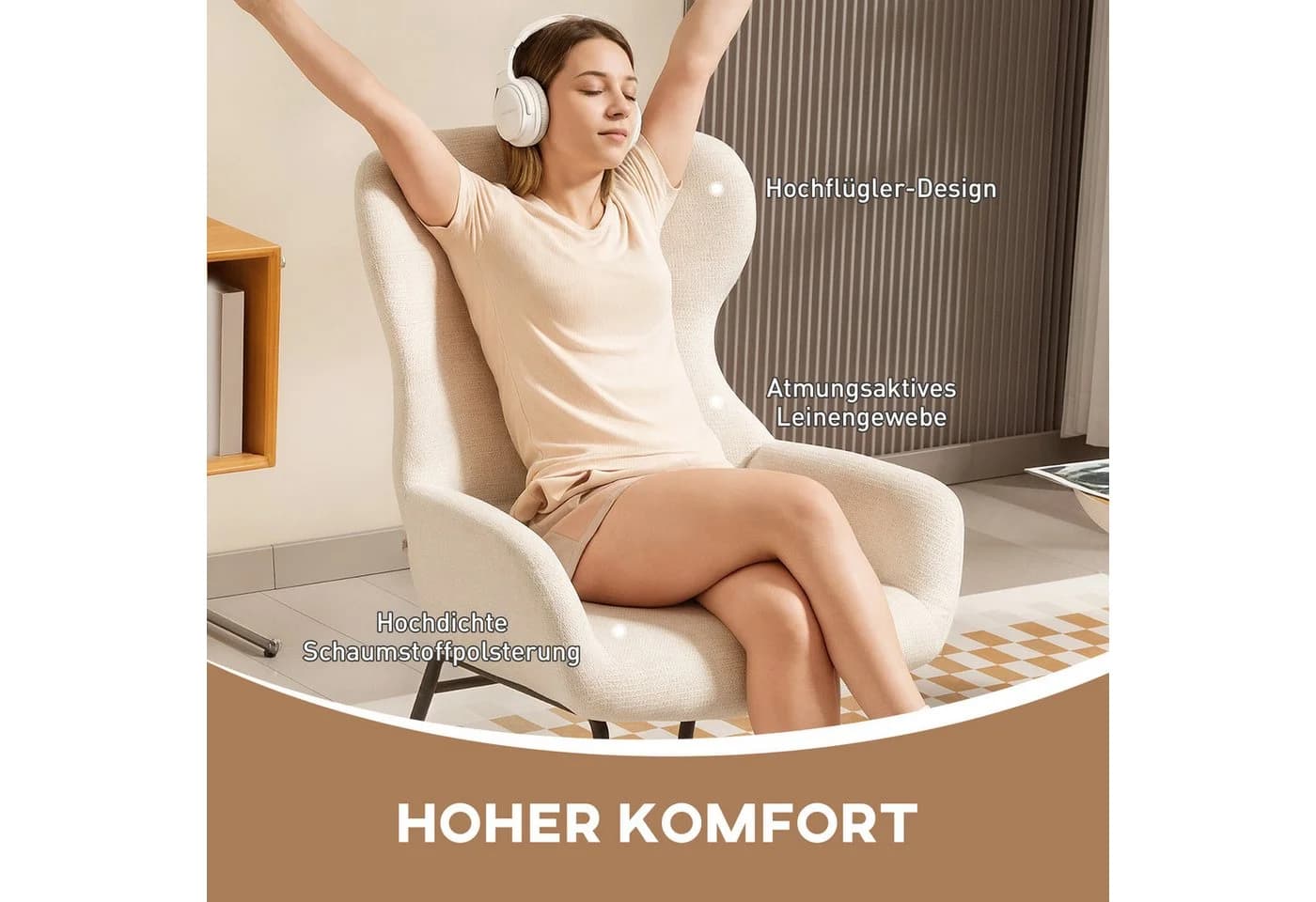 HOMCOM Ohrensessel Cremeweiß mit hoher Rückenlehne - Bild 4