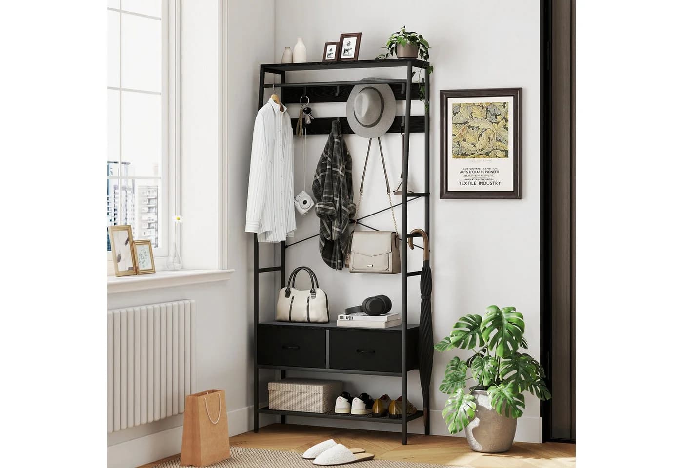 HOMCOM Garderobenständer mit Schuhregal, 2 Schubladen, 8 Haken, Ablage, Kleiderständer, Schwarz - Bild 2