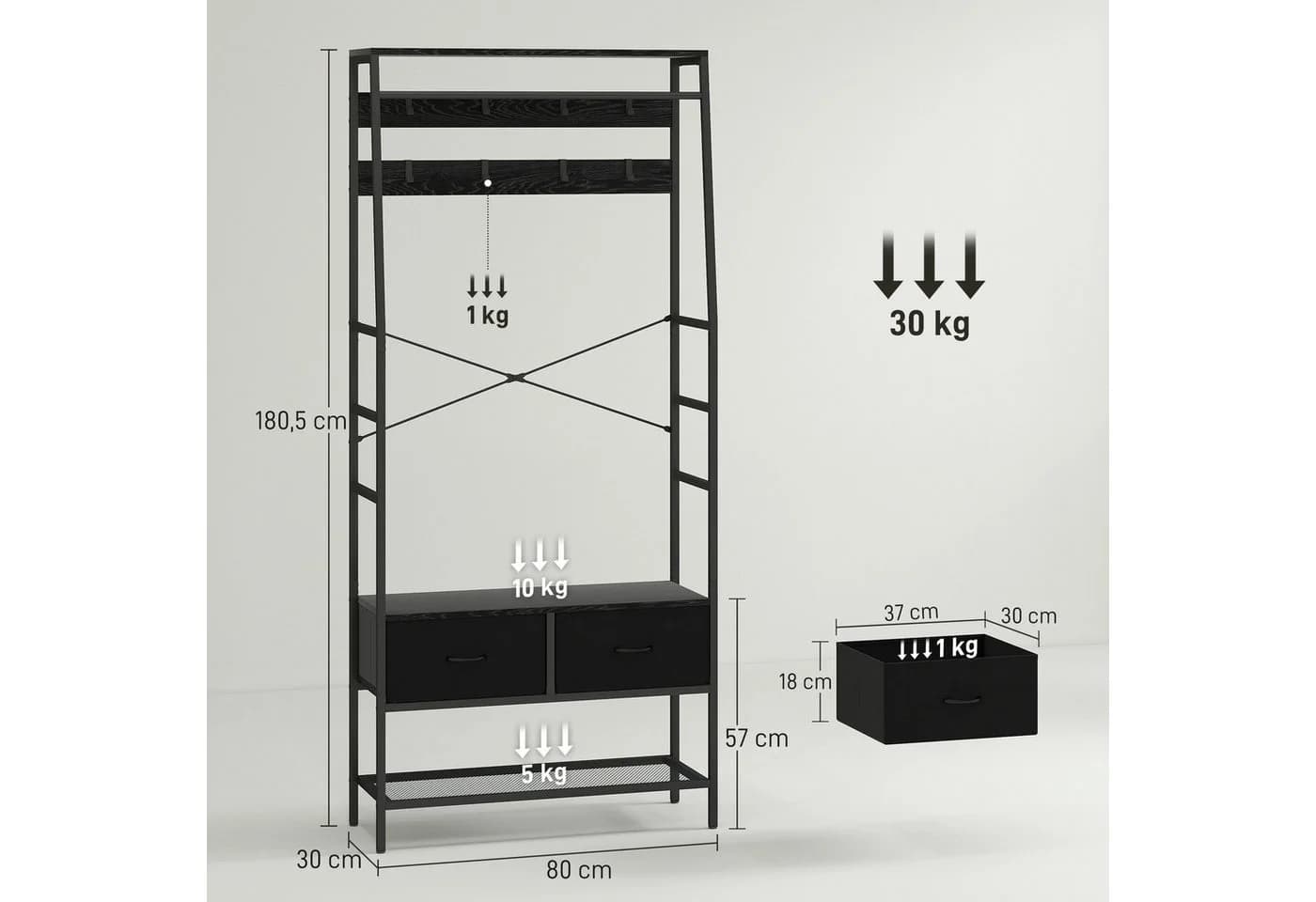 HOMCOM Garderobenständer mit Schuhregal, 2 Schubladen, 8 Haken, Ablage, Kleiderständer, Schwarz - Bild 3
