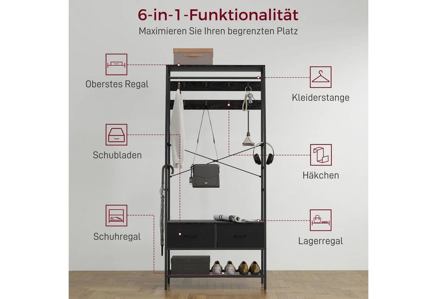 HOMCOM Garderobenständer mit Schuhregal, 2 Schubladen, 8 Haken, Ablage, Kleiderständer, Schwarz - Bild 5