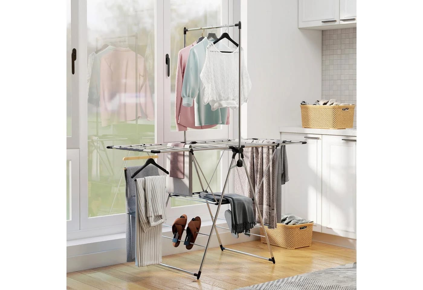 HOMCOM Wäscheständer 2 Ebenen Verstellbare Flügel Schuhhalter Edelstahl Silber - Bild 2