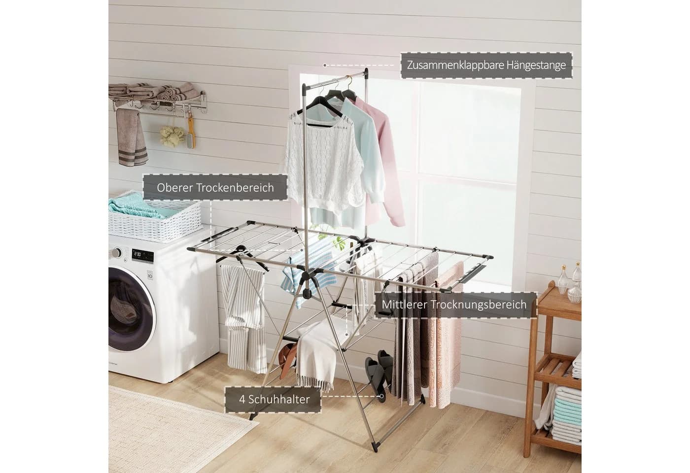HOMCOM Wäscheständer 2 Ebenen Verstellbare Flügel Schuhhalter Edelstahl Silber - Bild 4